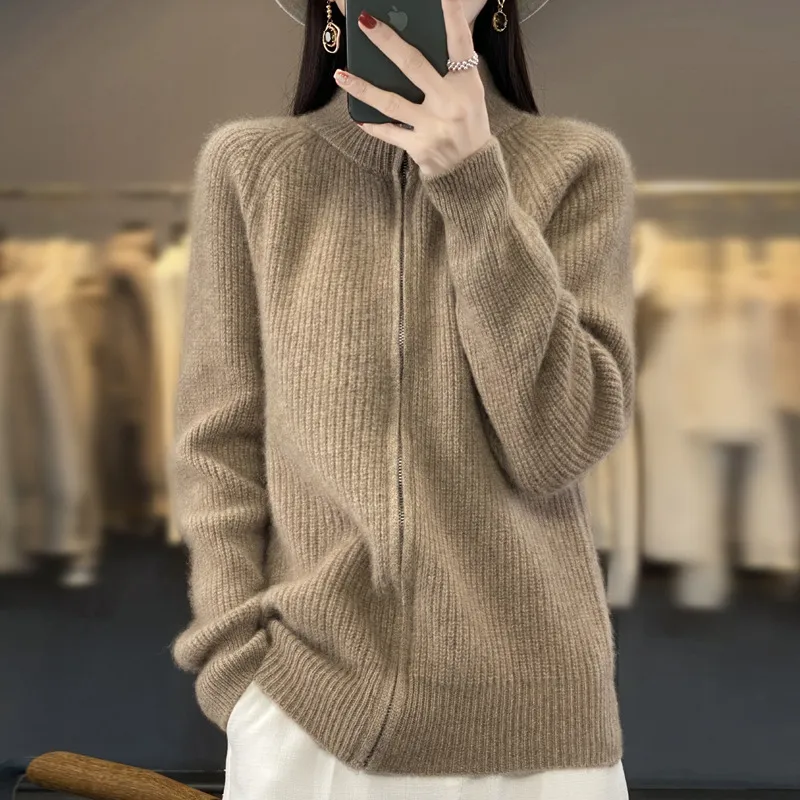 Solid Color Striped Turtleneck Zipper Sweater Sweater - Raw Velvet Camel