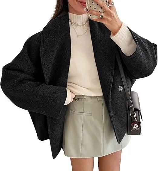 Double breasted Stand Collar Lapel Autumn And Winter Coat For Petite Black - Shop at LoveMi