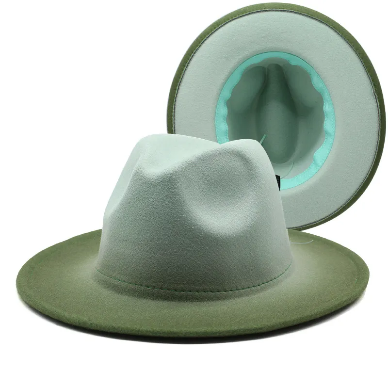 New Wide Brim Woolen Thick Gradient Two-color Top Hat - Mint Green Army Green