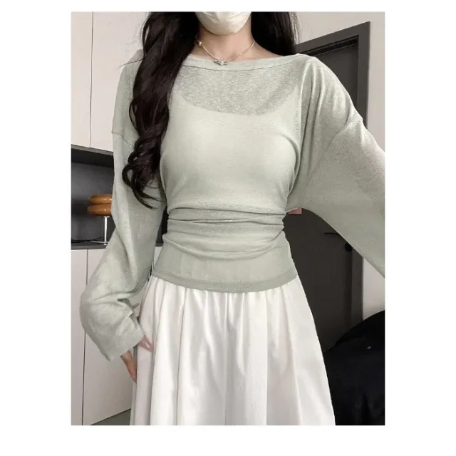 Outerwear Slightly Sheer Air conditioning T shirt With A Fitted Waist And Off the shoulder Design Bean Green - Shop at LoveMi
