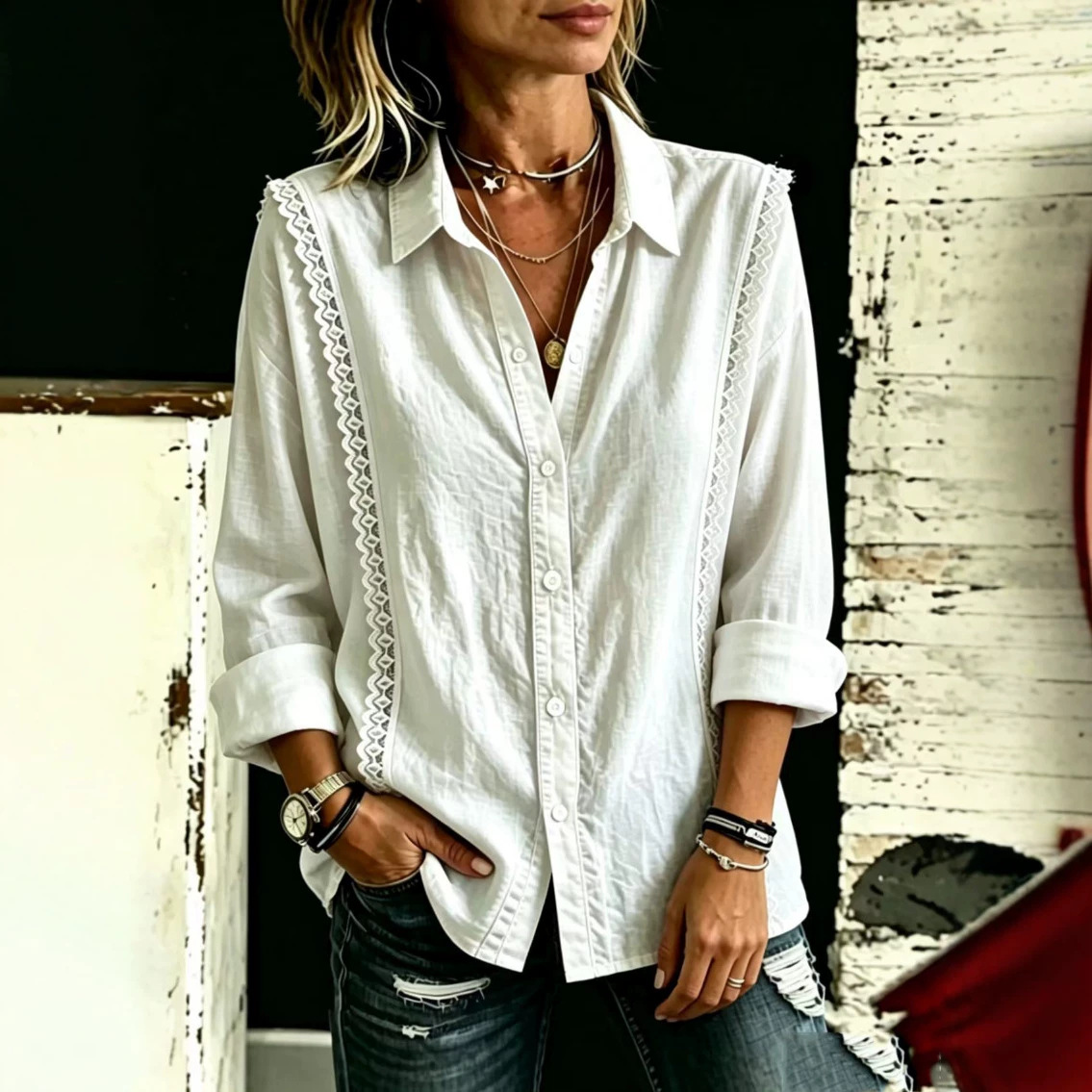 Womens Solid-Color Lace-Patchwork Long-Sleeve Button-Down Shirt