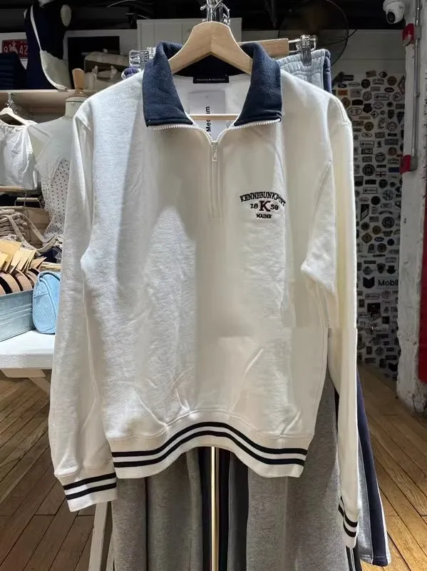 BM Style American Retro Casual Half Zipped Stand Collar Pullover Contrast Color Polo Collar Sweater Stand Collar & White K - Shop at LoveMi