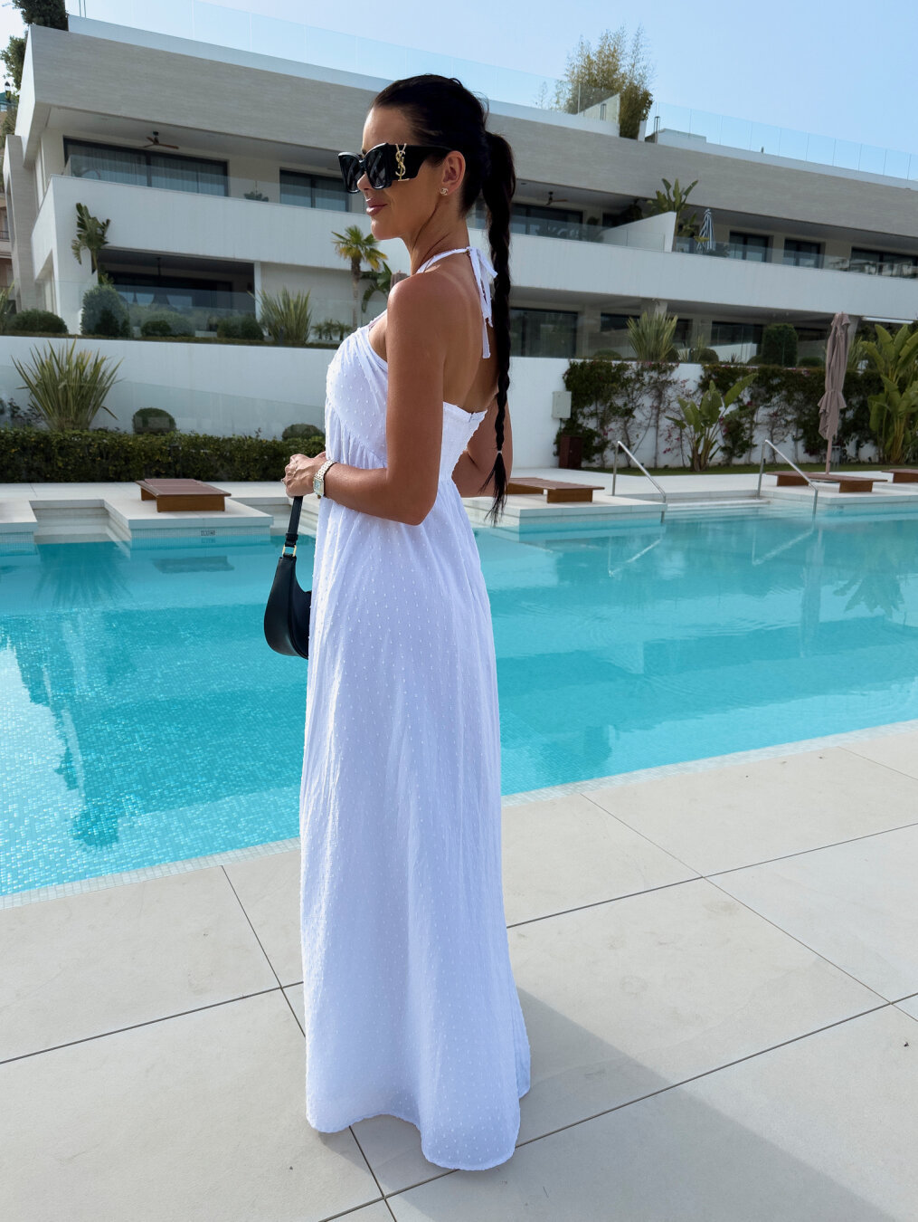solid color jacquard deep v sling dress back view