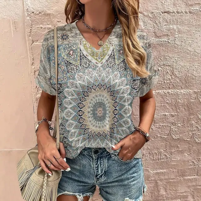 Women's Printed Short sleeved Casual Top Street V neck 3E5Zhtr - Shop at LoveMi