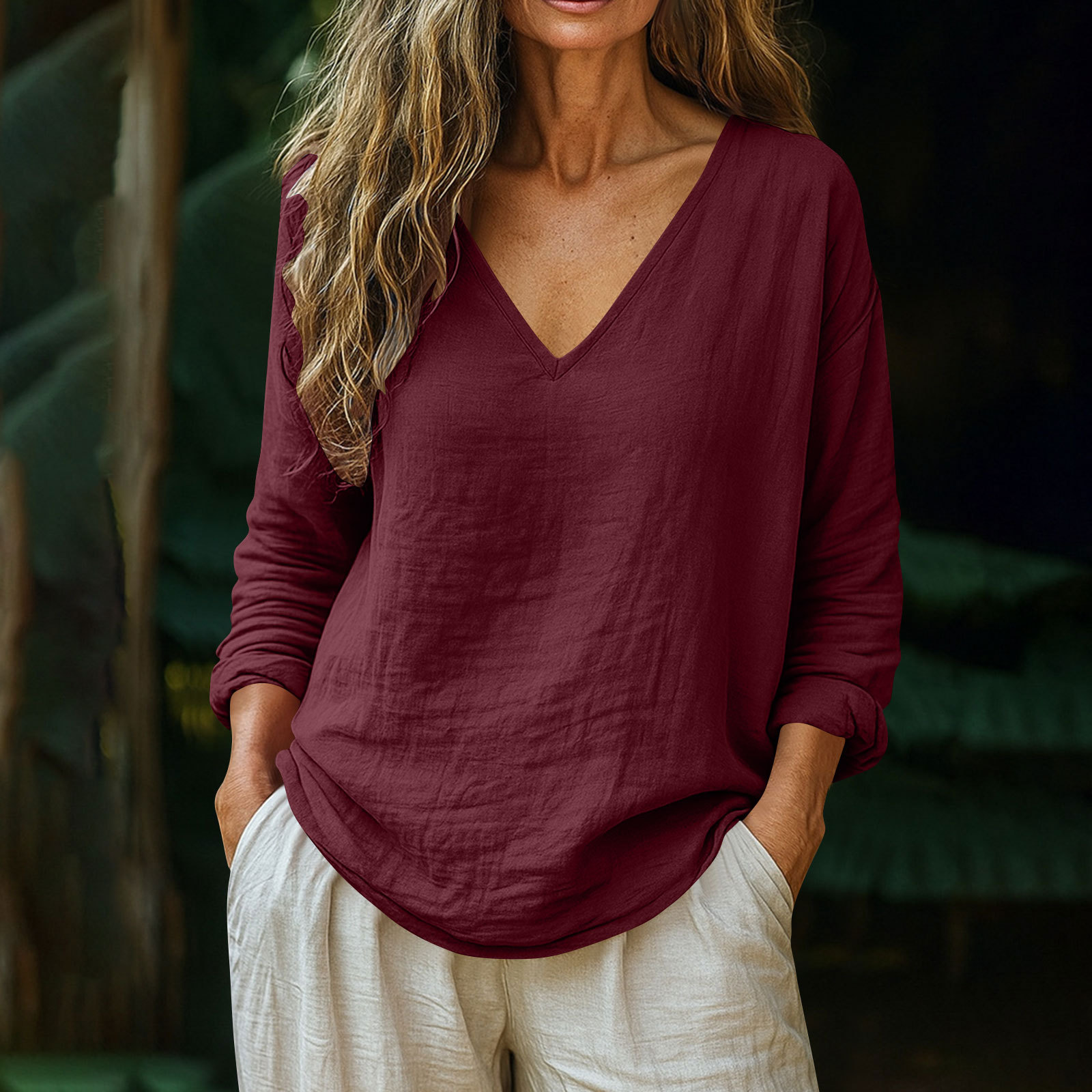 Fashionable Cotton-Linen Long-Sleeve V-Neck Top