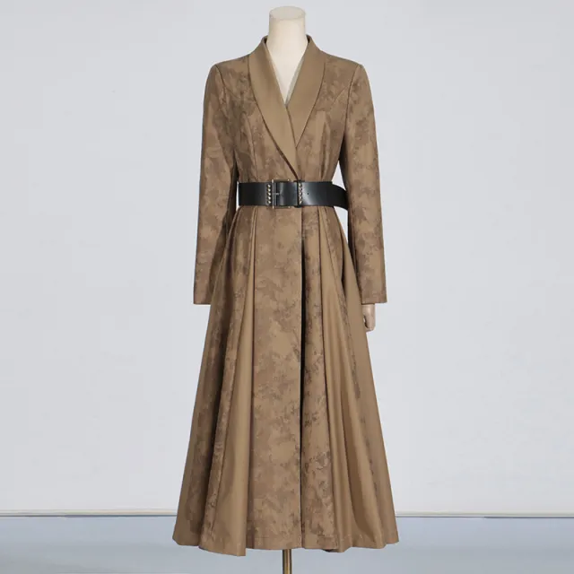 Blooming Texture V neck Leather Slimming Trench Coat Women Khaki - Shop at LoveMi