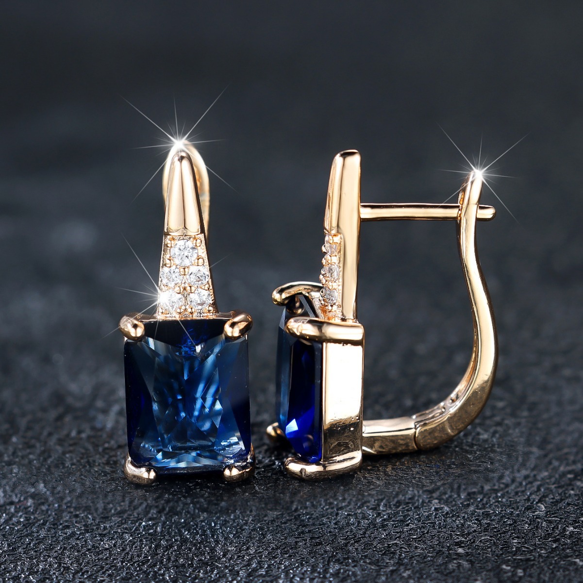 Champagne Gold Rectangular Chamfered Sapphire Blue Earrings For Women