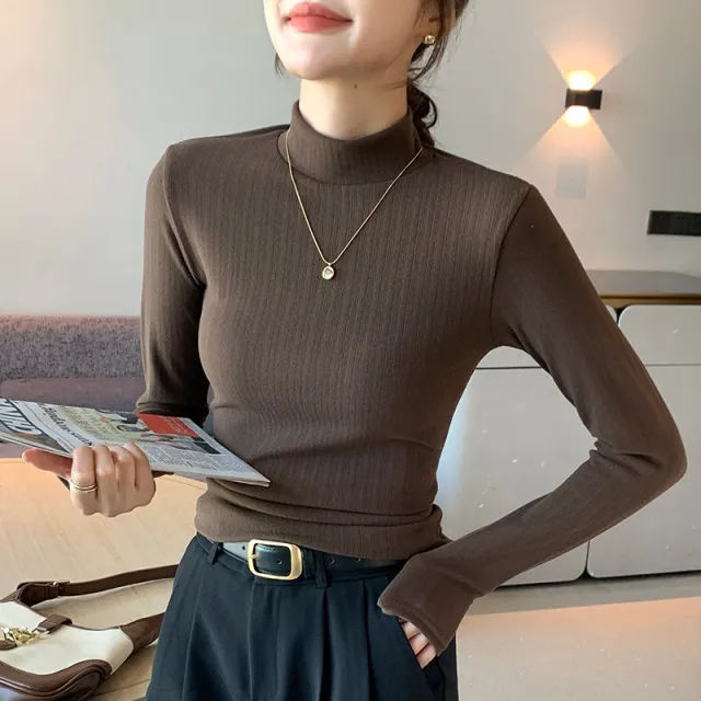 Double sided Dralon Half Turtleneck Bottoming Shirt Women's Long sleeved Warm Top Coffee - Shop at LoveMi