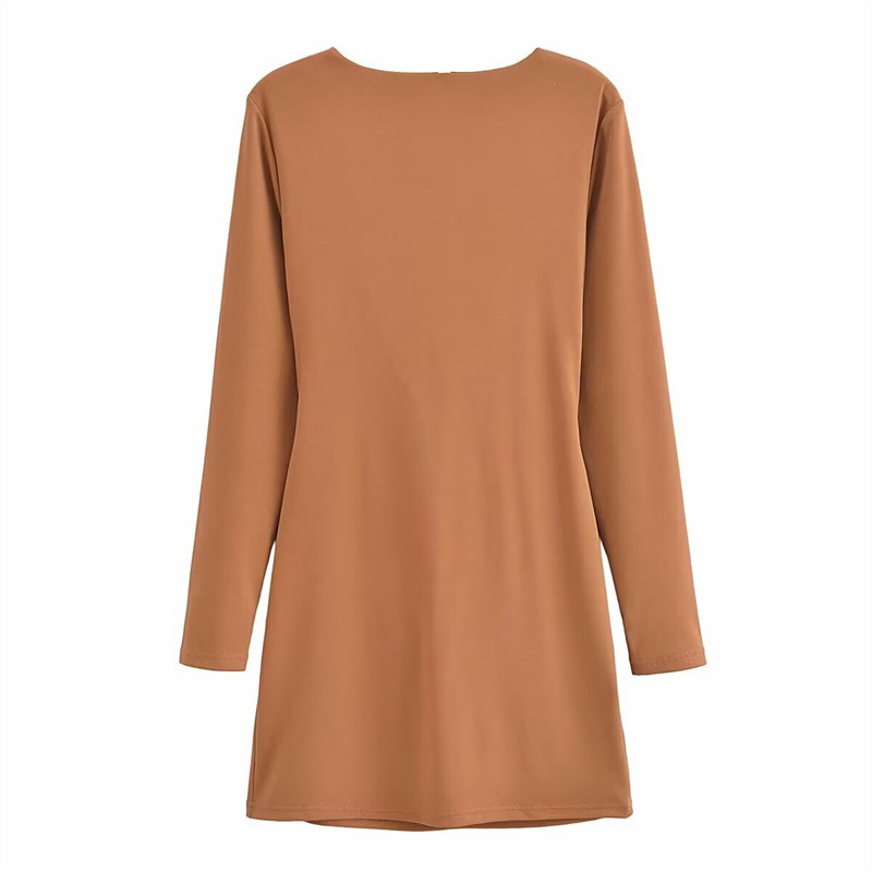 New Summer Design Tight Waist Pleated Draped Collar Long Sleeve Short Dress