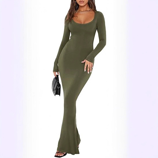 Soft Casual Long Dress With A Square Neckline And Long Sleeves