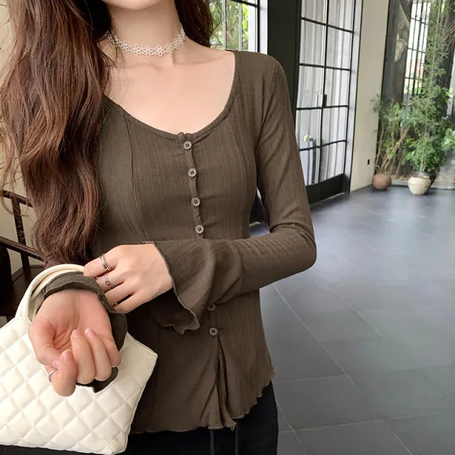 Retro Trumpet Sleeve Cardigan Top Women Brown - Shop at LoveMi