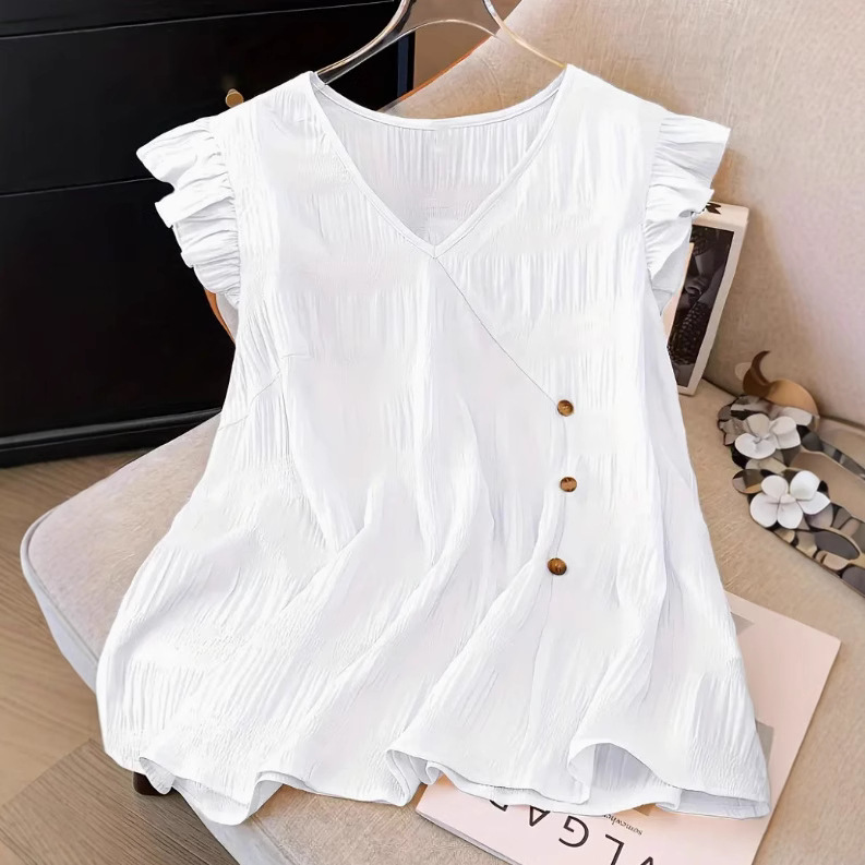 Solid-color Patchwork V-neck Ruffled Short-sleeve T-shirt For Women