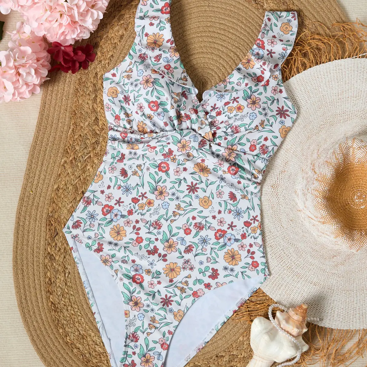 Bow-knot Fitted Floral-print Deep-V-neck One-piece Swimsuit