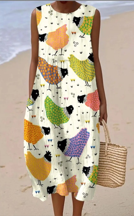 Pocketed Crew-neck Dress With Geometric And Floral Elements