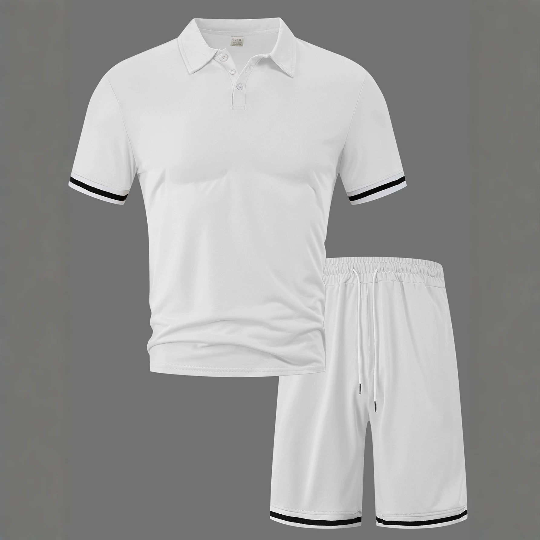 Men's Solid-Color Lapel Top And Drawstring Sports Shorts Two-Piece Set