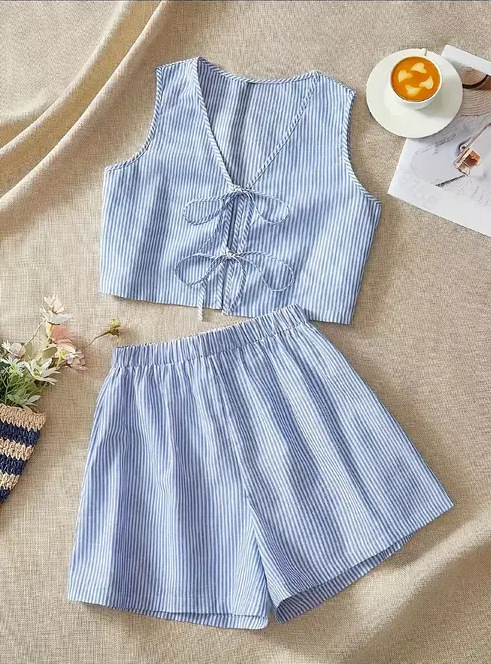 Loose Back Patch Pocket Striped Suit Sky Blue - Shop at LoveMi