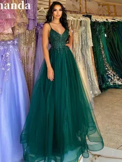 Dark Green Banquet Host Evening Dress - Long Green Section - View 1