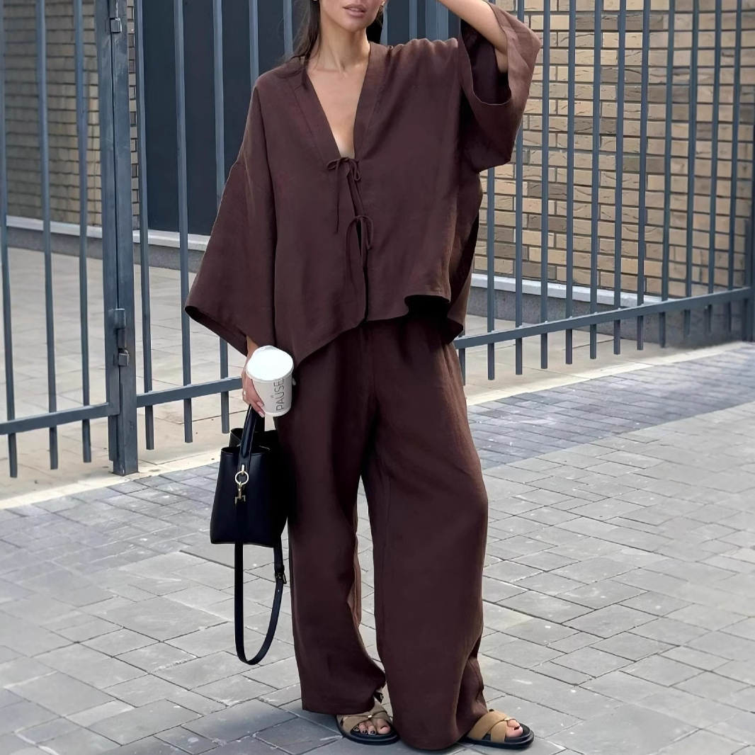 Casual Pure Cotton Tied Top Wide Leg Pants Suit