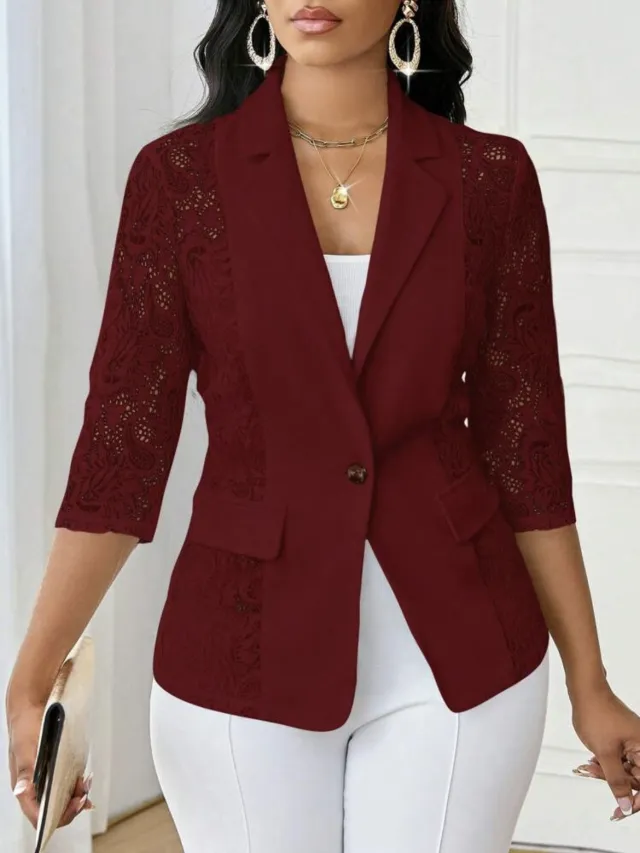 Womens Solid Color Lace Hollowed Out Three Quarter Sleeve Casual Jacket Red - Shop at LoveMi