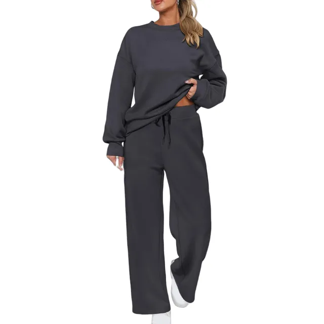 Long sleeve Top And Casual Wide leg Pocket Pants Sweatshirt Set Gray - Shop at LoveMi
