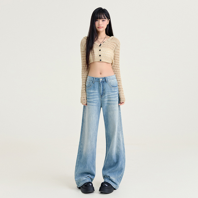 Women's Light Blue Washed Wide-Leg Jeans
