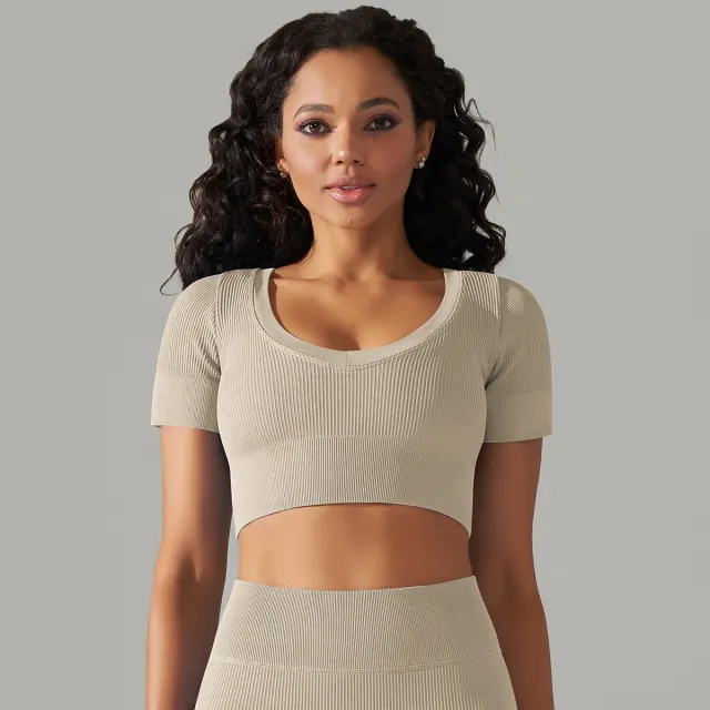 Seamless Rib Solid Color Sexy Beauty Back Yoga Clothes Sports Running Fitness Khaki - Shop at LoveMi