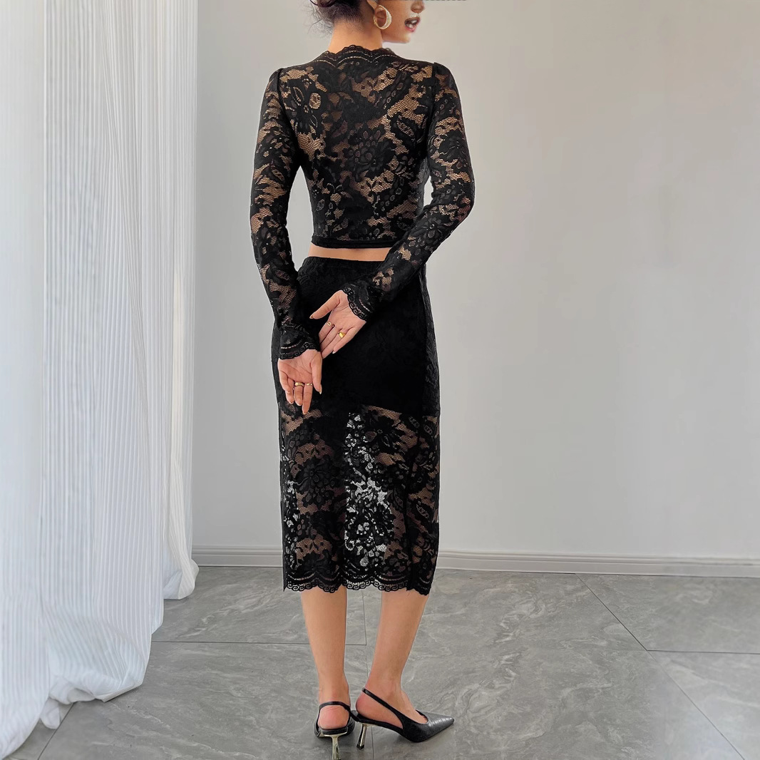 Women's Lace Jacquard Semi-transparent Skirt Suit