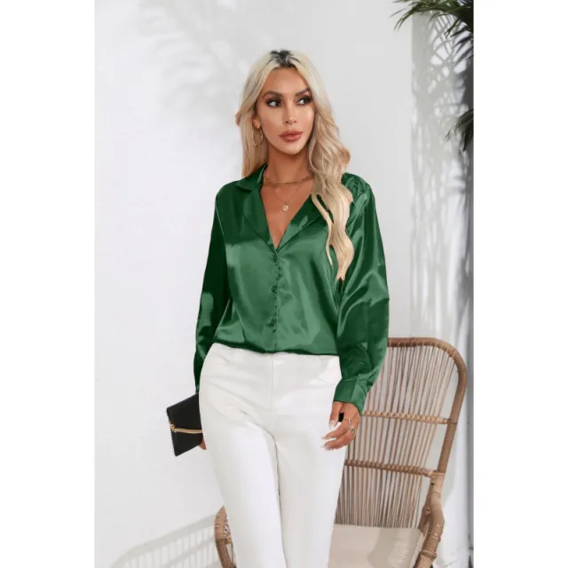 Suit Collar Satin Shirt For Women Green - Shop at LoveMi
