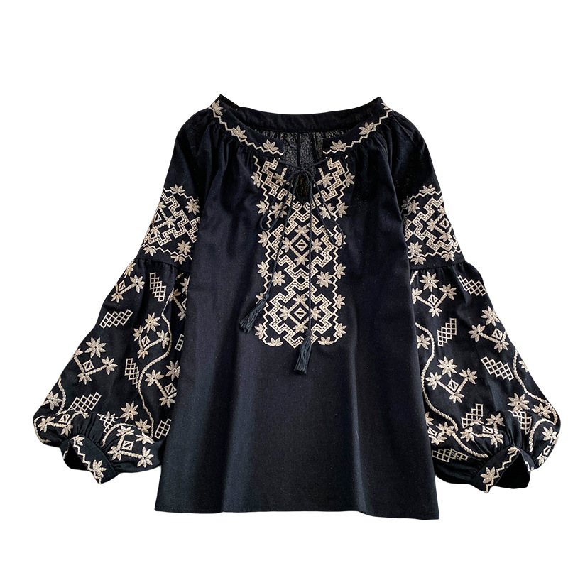 Retro Embroidered Puff Sleeve Shirt For Women 5