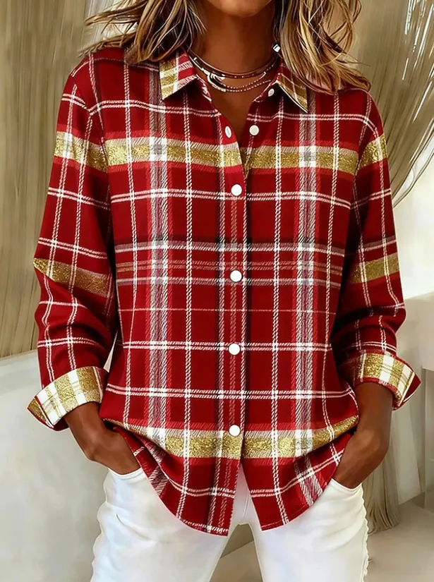 Womens Plaid Loose-Fit Retro Long-Sleeve Shirt Top - Style 4-2Xl