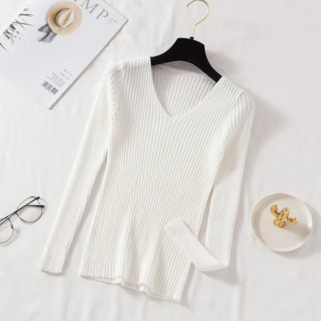 New V neck Long Sleeve Base Knitting Autumn All matching Slim Fit Tight Pullover Sweater White - Shop at LoveMi