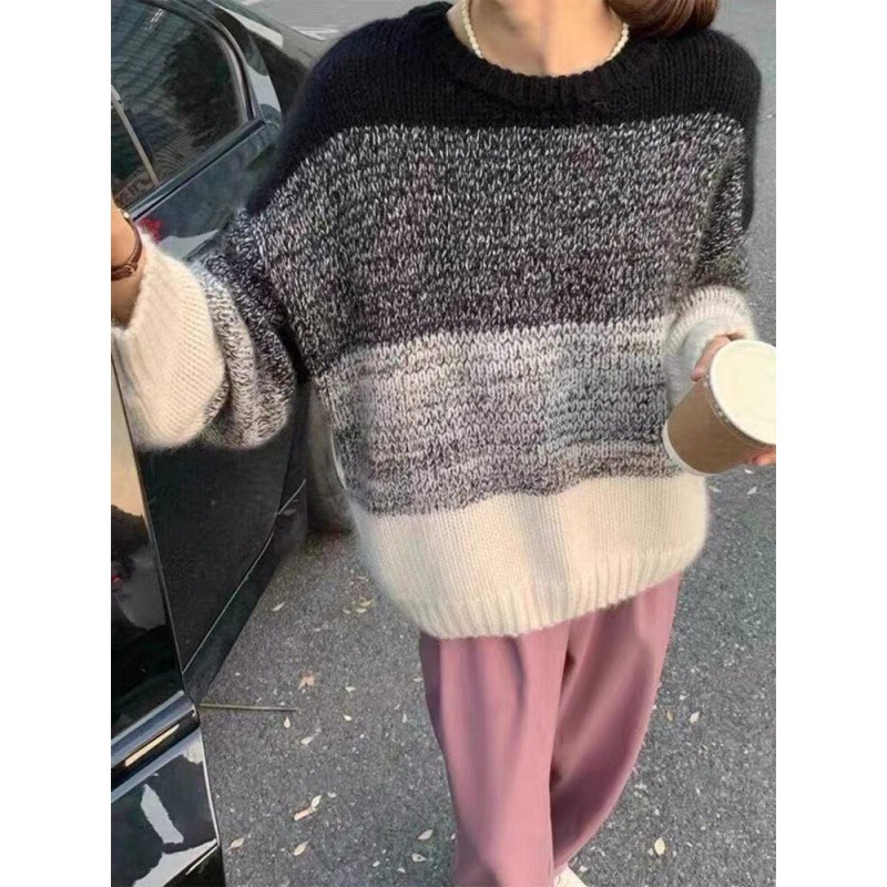 Lazy Soft Glutinous Pullover Neck Contrast Color Striped Sweater