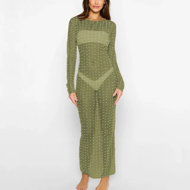 Fashion Bead Rhinestone Blouse Mesh Long Sleeve Dress Olive Green - Shop at LoveMi