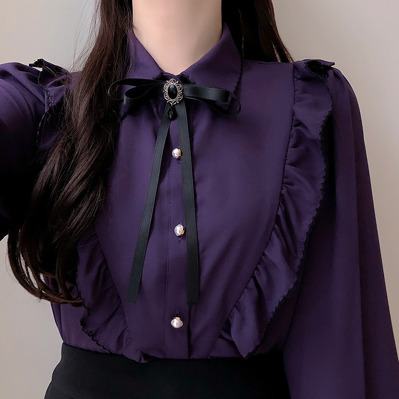 Preppy Style Pearl Buckle Bow Ruffled Collar Shirt