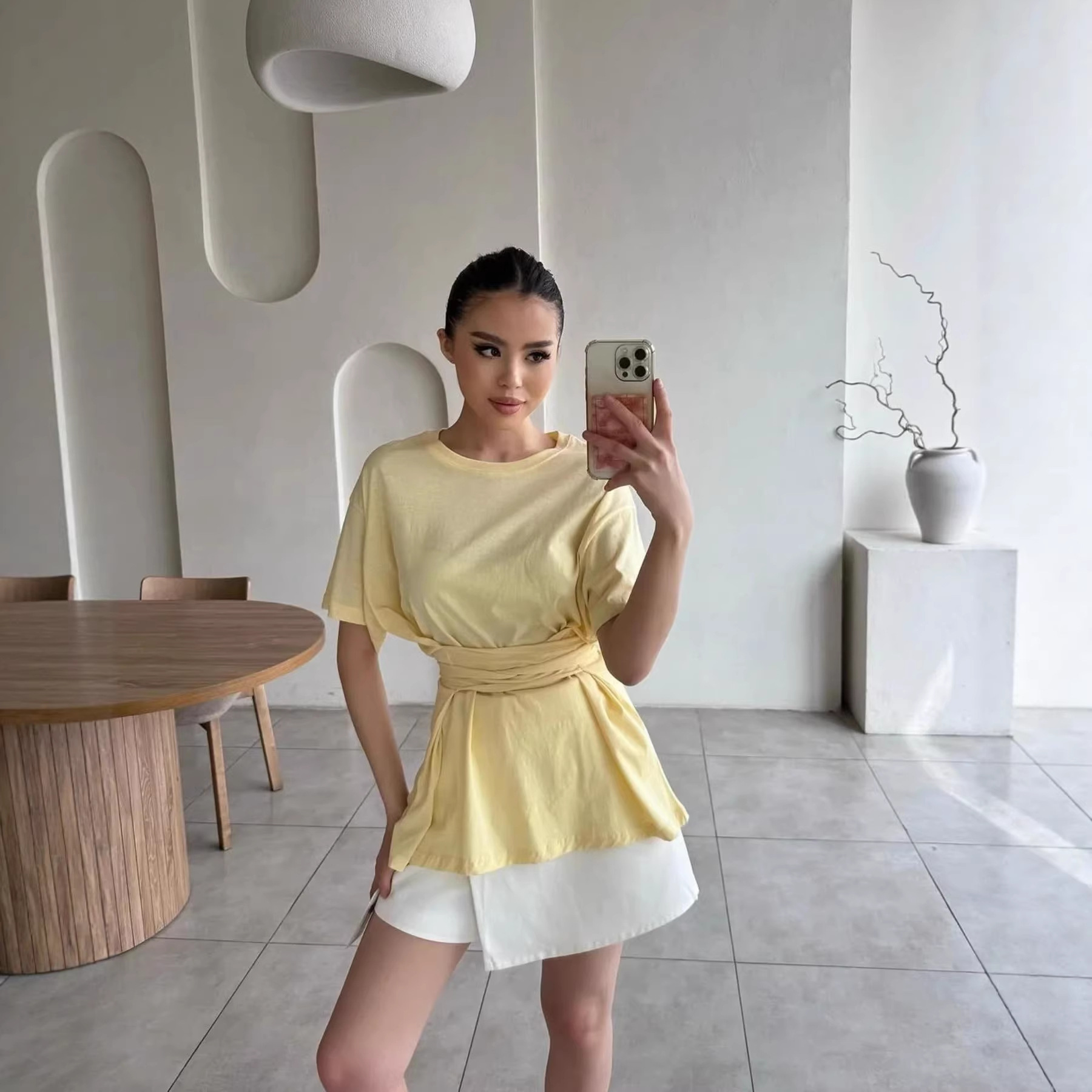Niche Ribbon Top Womens Summer Simple Round Neck Cinched Waist Tied Loose Solid Color Short Sleeve