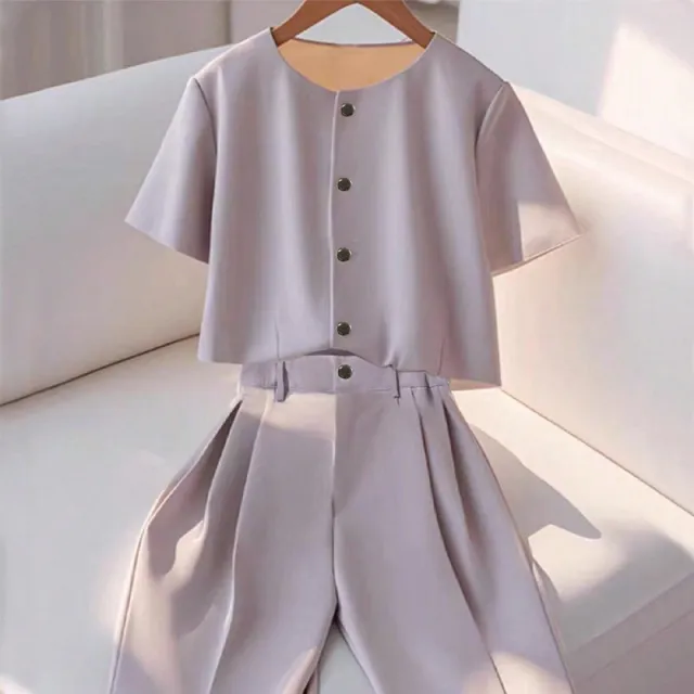 Casual Short sleeved Shirt And Trousers Two piece Set Light Purple - Shop at LoveMi