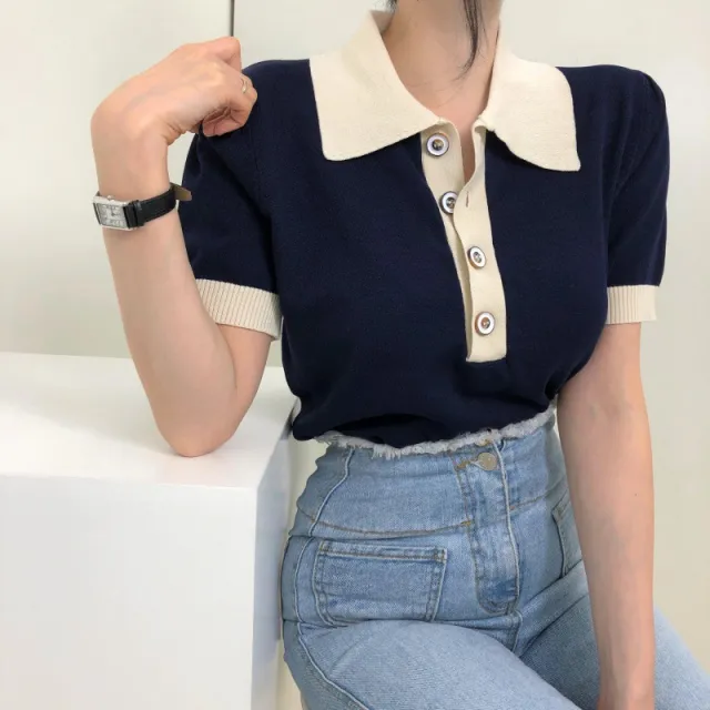 Slim Fit Collar Decorated With Buttons Top Contrast Color Lapels Short Sleeve Sweater Dark Blue - Shop at LoveMi