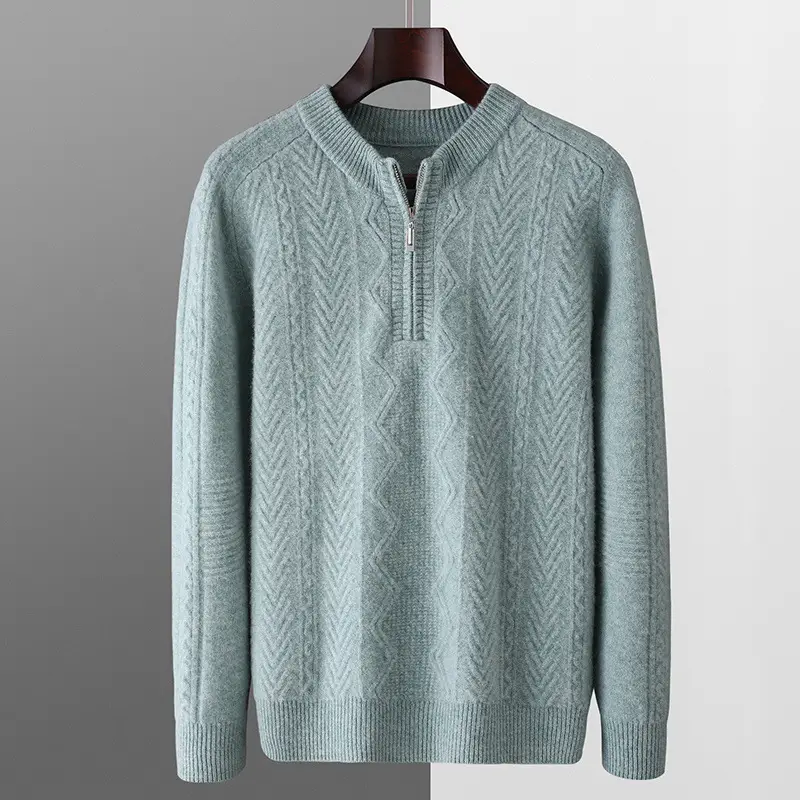 Autumn And Winter Pure Wool Men's Diamond Lattice Loose Half Zipper Sweater