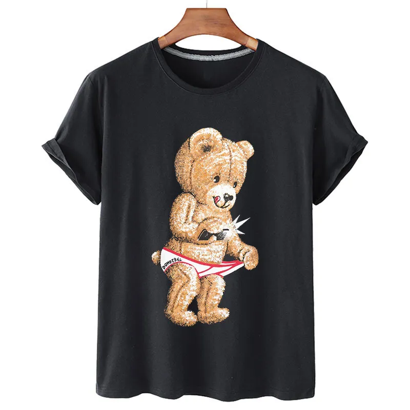 Summer Casual Funny Bear Print Round Neck Loose Short Sleeves T-shirt Ins Trend - Black