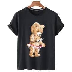 Summer Casual Funny Bear Print Round Neck Loose Short Sleeves T-shirt Ins Trend - Black - View 1