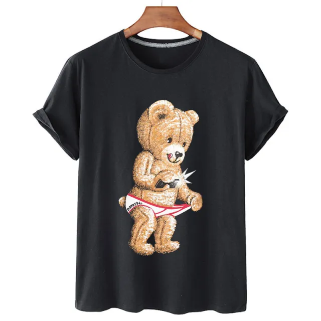 Summer Casual Funny Bear Print Round Neck Loose Short Sleeves T shirt Ins Trend Black - Shop at LoveMi