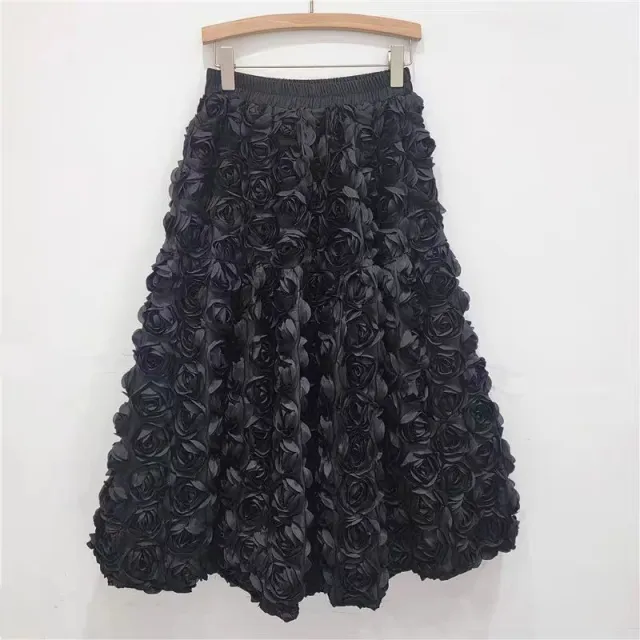 Three dimensional Flower High Waist Big Swing A Line Skirt Long Dress For Women Black - Shop at LoveMi