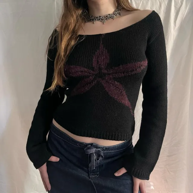 Knitting Jacquard Round Neck Sweater Inner Wear Blouse Black Red Flower - Shop at LoveMi