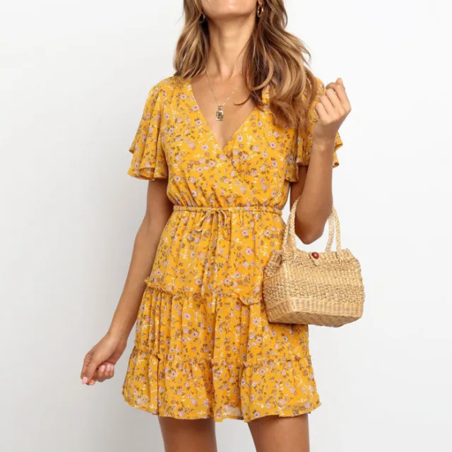 Summer Floral V neck High Waist Lace up Short Sleeve Ruffled Chiffon Dress Yellow - Shop at LoveMi