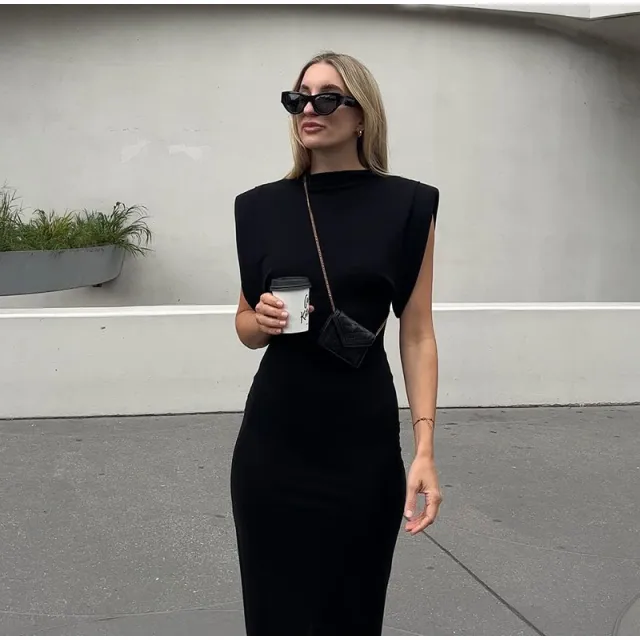Women's Sleeveless Knitted Dress With Padded Shoulder Slim Fit Long Dress Black - Shop at LoveMi