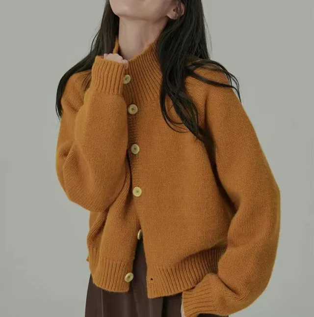 Autumn And Winter High grade Loose Short Idle Style Solid Color Knitted Cardigan Orange - Shop at LoveMi