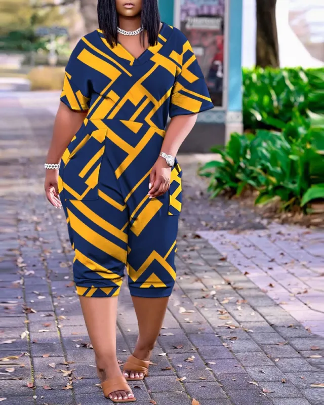 Summer Loose V neck Stitching Patch Pocket Printed Jumpsuit 5Xl 2 Colors - Shop at LoveMi