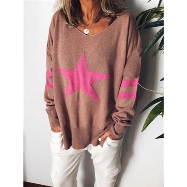 European And American Knitted Five pointed Star Split Pullover Long Sleeve V neck Winter Clothing Jacket Brown - Shop at LoveMi