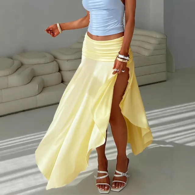 Womens Elegant High waisted Pleated Skirt With An Asymmetrical Slit Design For A Chic On trend Look Yellow - Shop at LoveMi