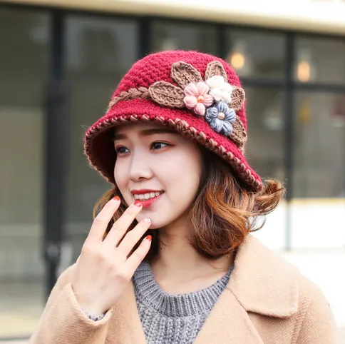 Autumn And Winter Women's Knitted Woolen Cap Warm Ear Protection Windproof Fleece Lining Wine Red - Shop at LoveMi